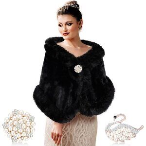 Faux Fur Shawl Wraps for Women with 2 Rhinestone Brooches Wedding Bridal Faux Fu